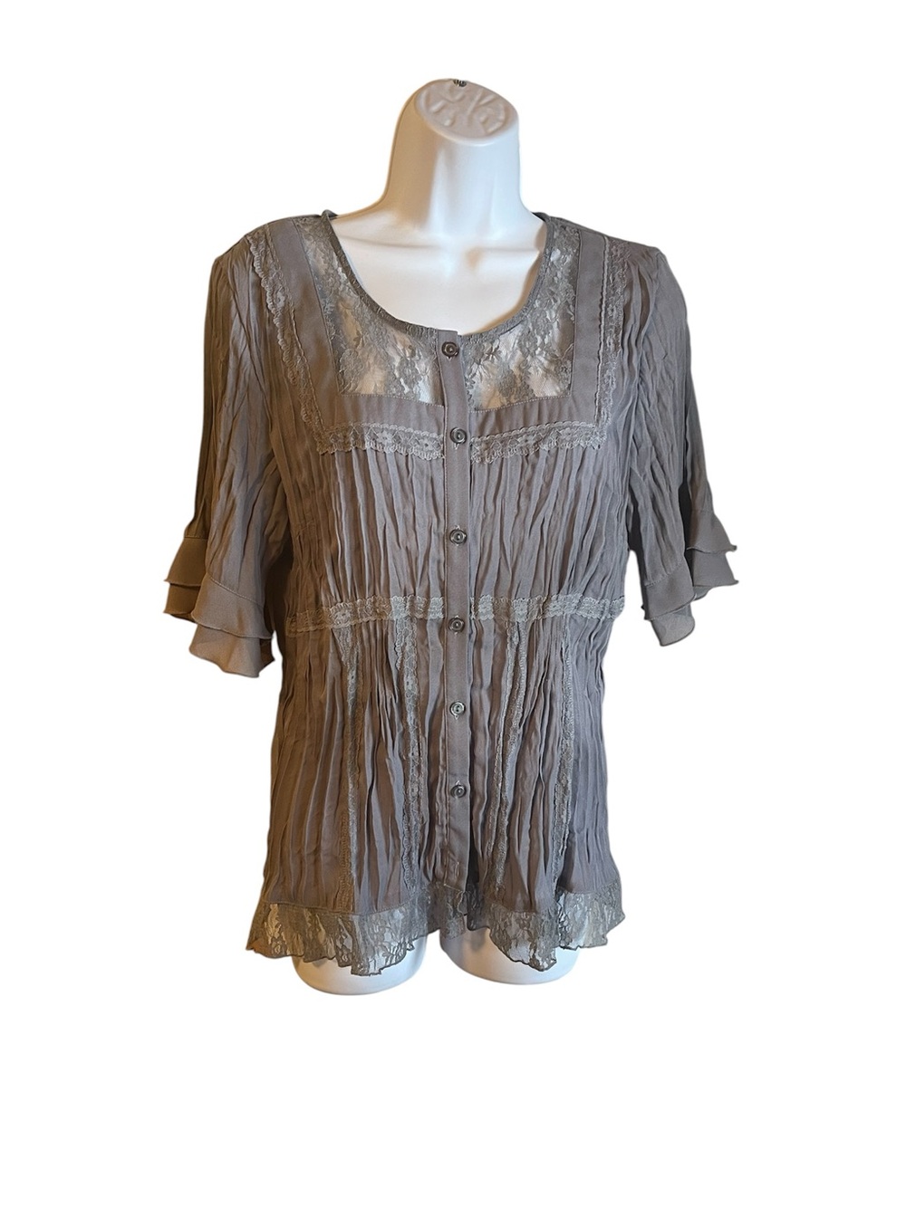 NY Collection Taupe Lace-Trim Button Down Blouse